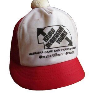 HAT MESH TRUCKER CAP  Vtg 70s OMAHA NEBRASKA POM POM BILLED RED